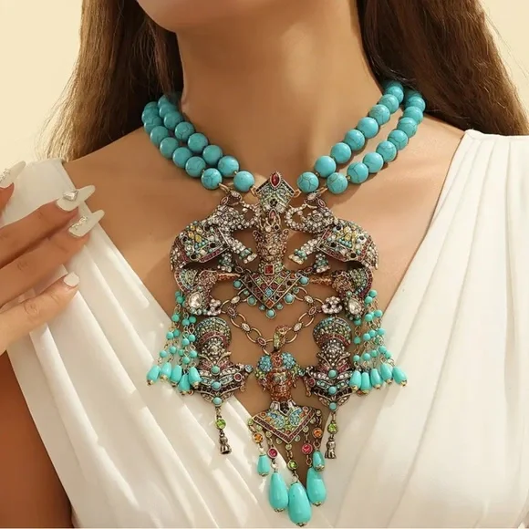 TURQUOISE RHINESTONE LARGE STATEMENT NECKLACE - Picture 1 of 7